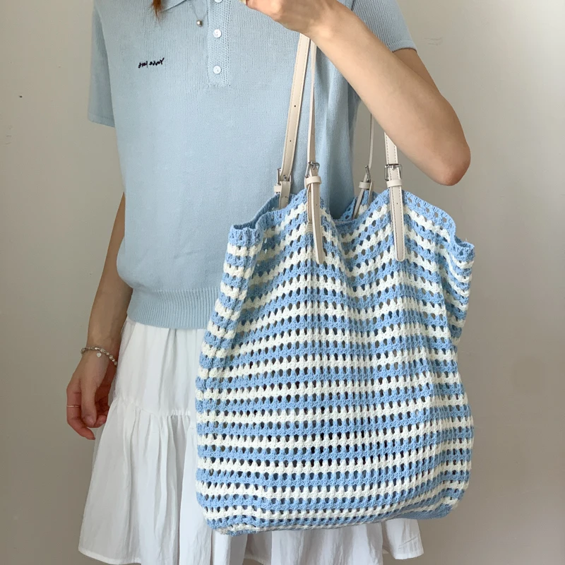 

Women Crochet Tote Bag Hollow Beach Bag Large Capacity Knitted Bag Striped Color Simple Shopping Bag for Travel Vacation