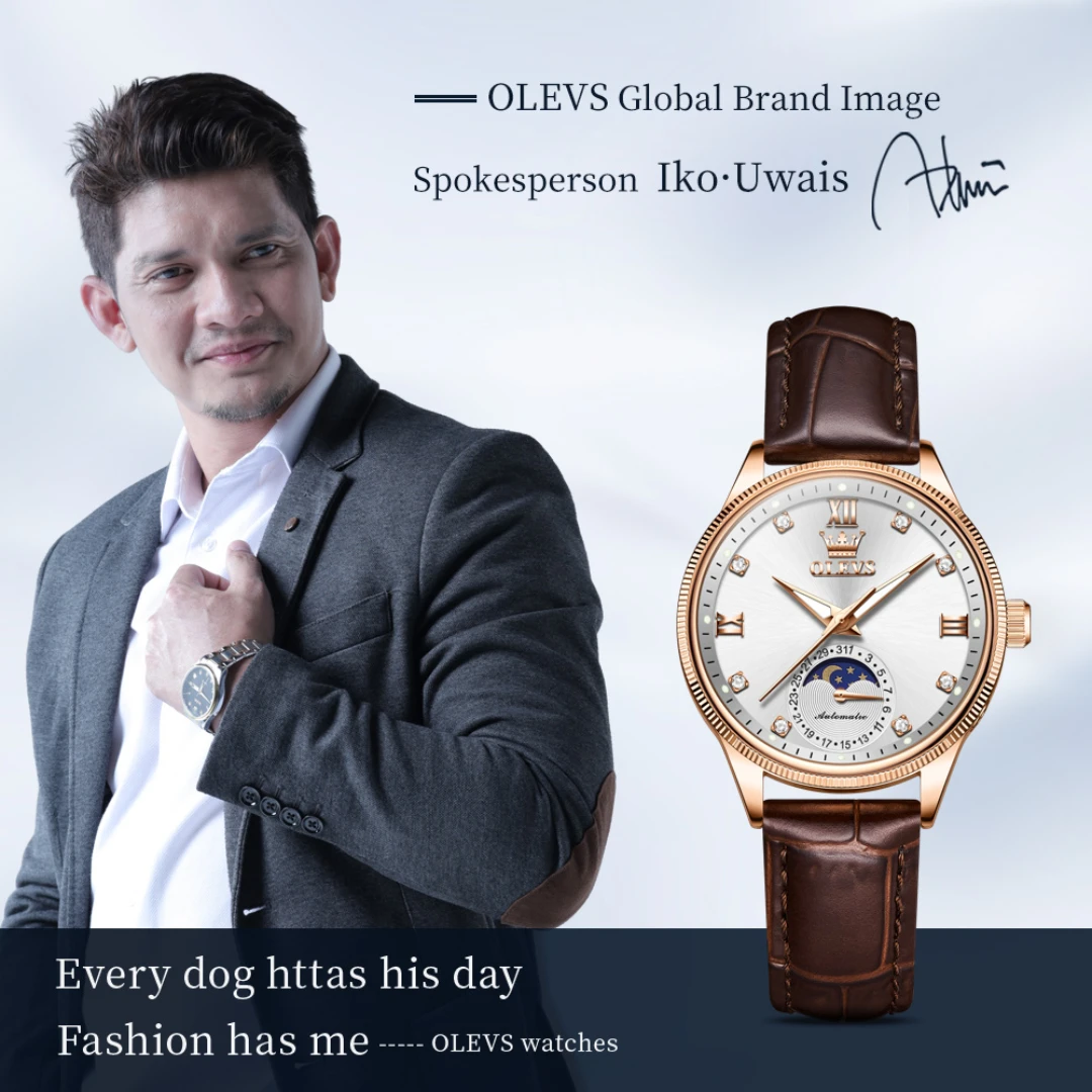 OLEVS 7039 Jam Tangan Mekanis Modis Hadiah Jam Tangan Gelang Kulit Asli Dial Bulat Bercahaya