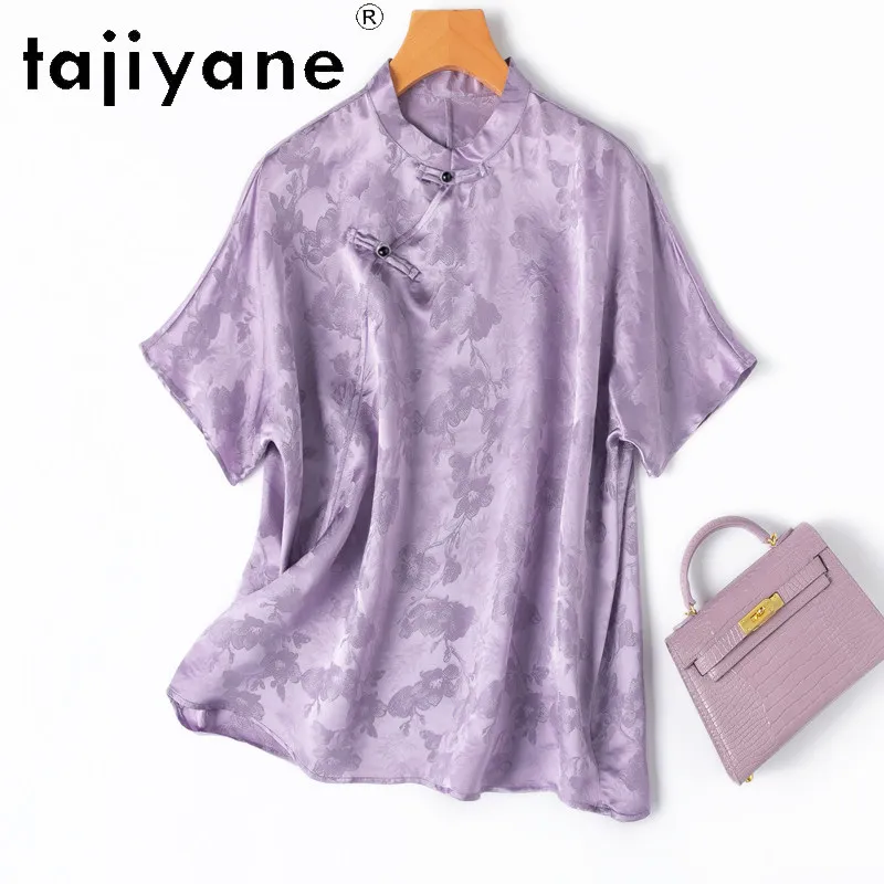 

TAJIYANE 100% натуральные шелковые рубашки из тутового шелкопряда для женщин, элегантная фиолетовая блузка с коротким рукавом, женские топы, летняя одежда 2026, женская одежда Jirai