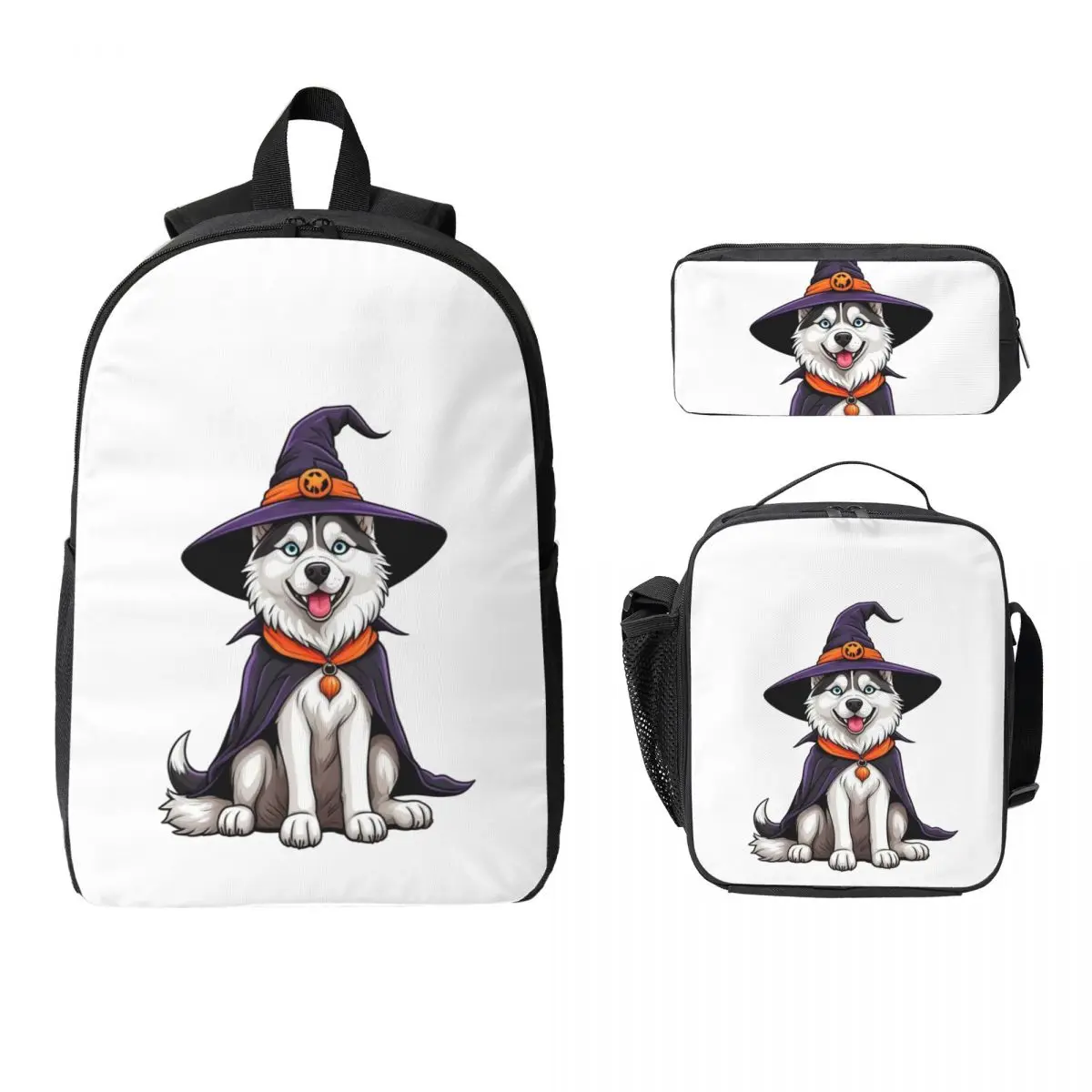 

Siberian Husky Halloween Witch Decor Dog Lover Gift Backpack Boys Girls BookBag School Bag 3ps Insulated Lunch Bag Pencil Case