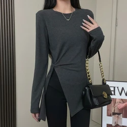 Bandage Slit Long Sleeve T-shirt Women Autumn Now Slim Fashion Round Neck Asymmetrical Solid Color Elastic Comfortable Tops