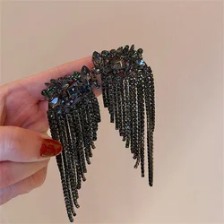 FYUAN New Long Tassel Geometric Drop Earrings for Women Black Flowers Crystal Dangle Earrings Statement Jewelry