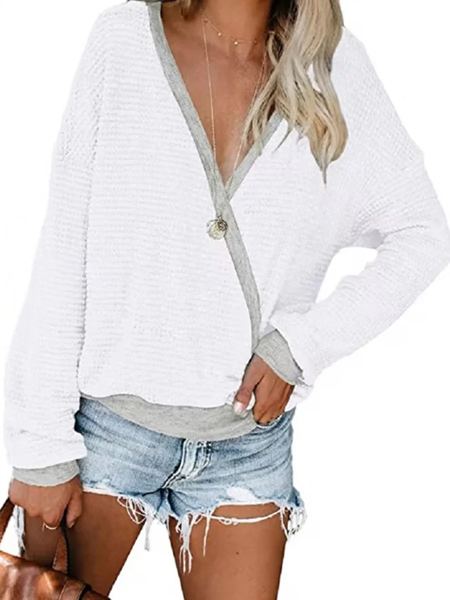 New Spring and Autumn Women'S Loose Long Sleeved Zipper Knitted V-Neck Long Sleeved T-Shirt Loose Fashion Long Sleeved Top