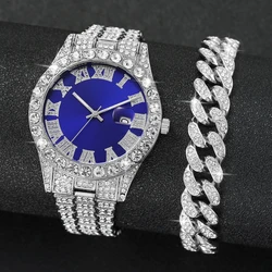 2PCs/Set Men's Fashion Watch Men's Luxury Diamond studded Steel Belt Quartz Watch with Necklace Set