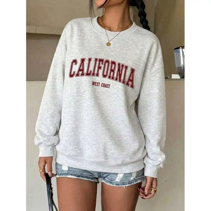 Women's Plus-Size California Print Crewneck Sweatshirt – Loose-Fit Autumn Pullover for Casual and Athletic Wear