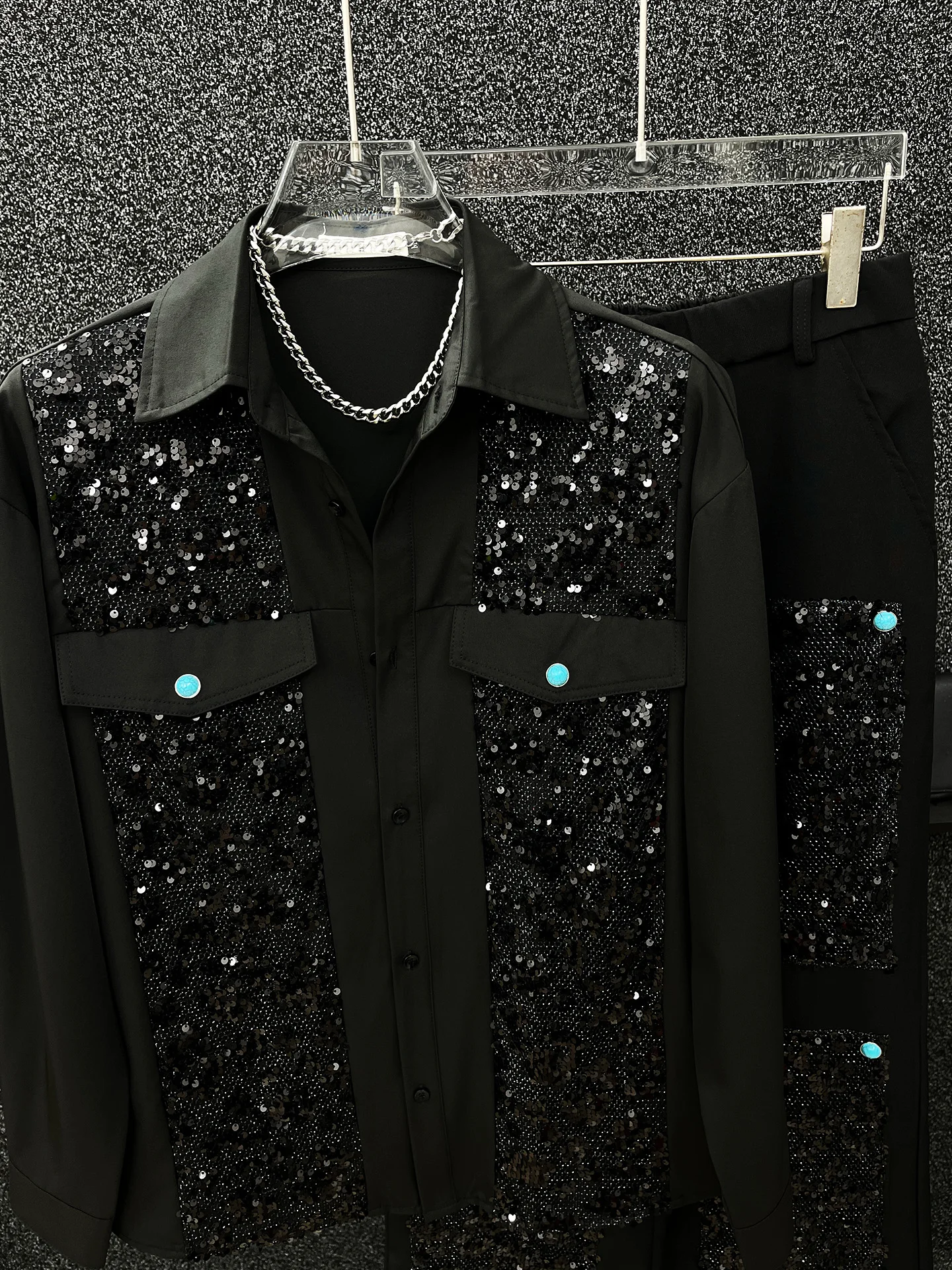 Men's 2025 Spring Autumn New Sequin Splicing Long Sleeve Shirt Sets Handsome Loose Comfort Shirt Straight Pants Two-Piece Sets