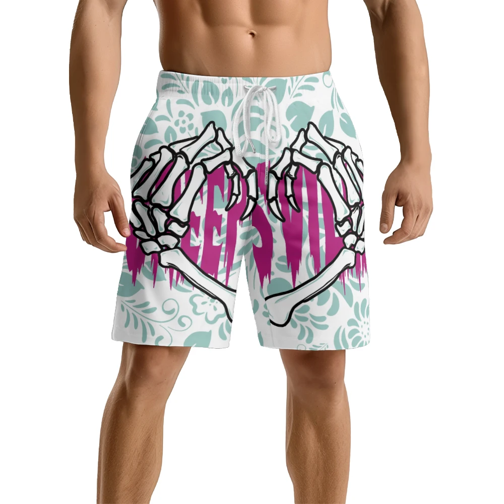 Skeleton floral pattern suitable for daily wear, simple temperament, casual trend, summer men's drawstring beach sports shorts