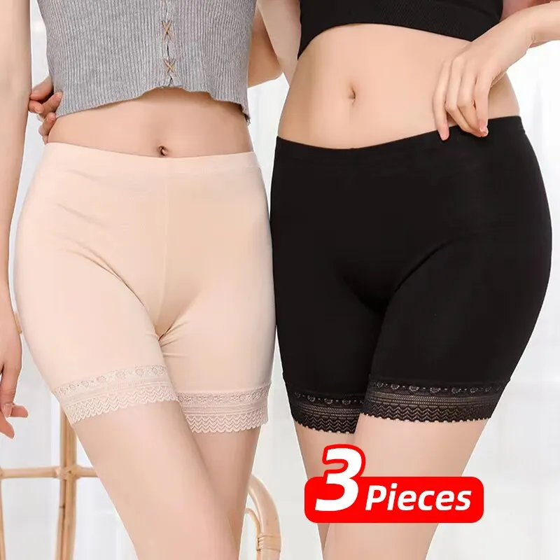 3 Pieces Womens Panties Safety Short Pants Underwear Anti Exposure L XL Black Skin High Waist Traceless Lace