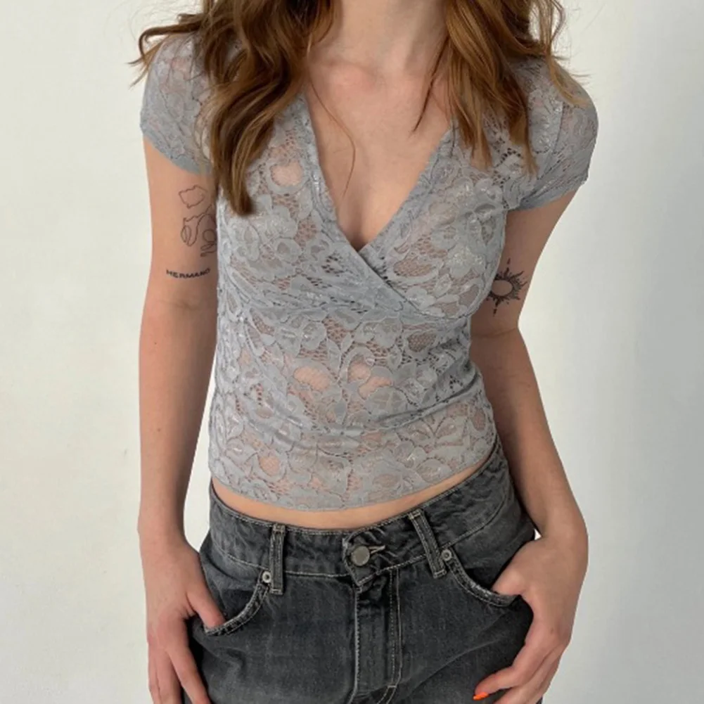 

Lace Top Y2k Aesthetic Women See Through V Neck Tanks Black Camisole Streetwear Mesh Sheer See Through Short Sleeve T-shirt