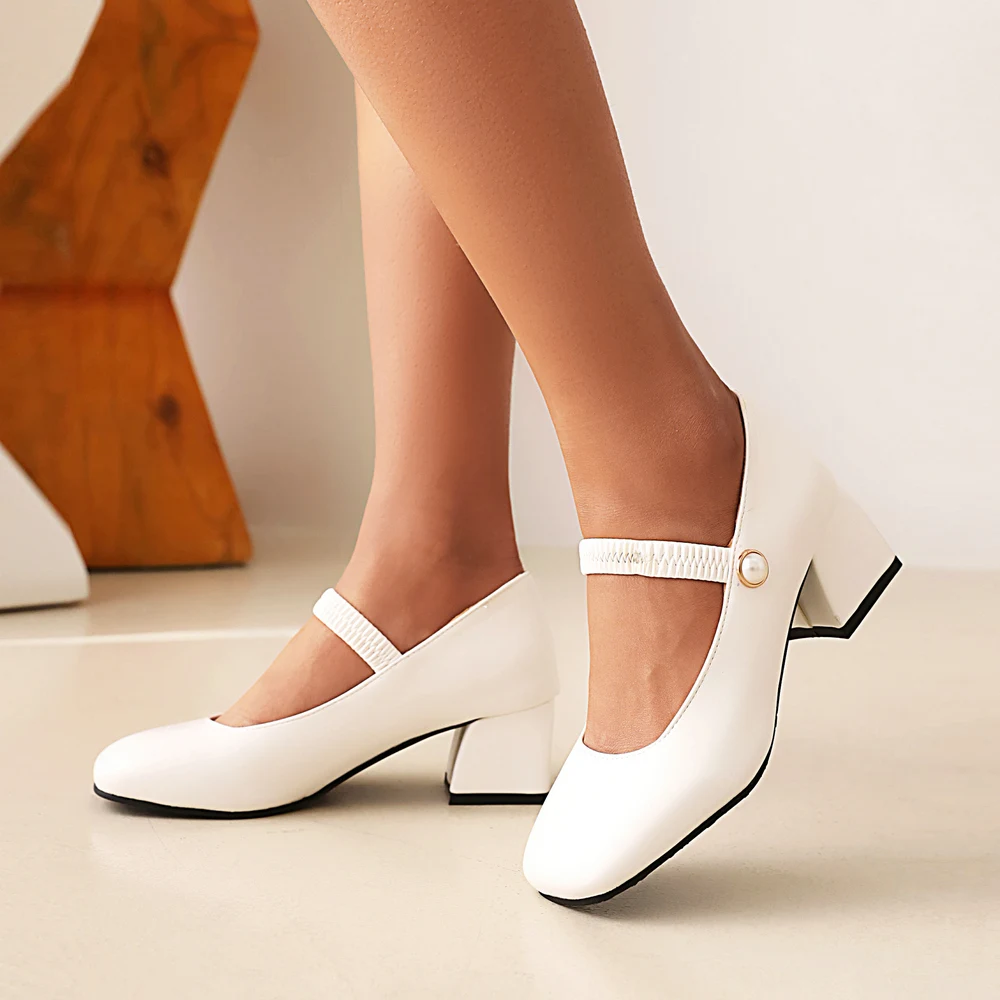 Japanese Sweet Lolita Med Chunky Heels Square Toe Pearl Elastic Band Strappy Princess Shoes Plus Size 34-48 White Purple Blue