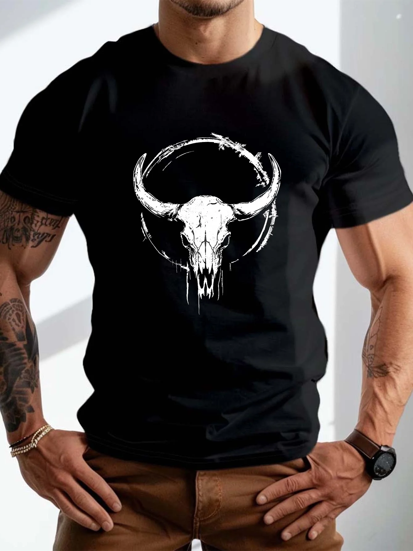 

plus size Mens summer tshirt Western BullSkullArt graphic print short sleeve tees trend casual tops for daily life big tall guys