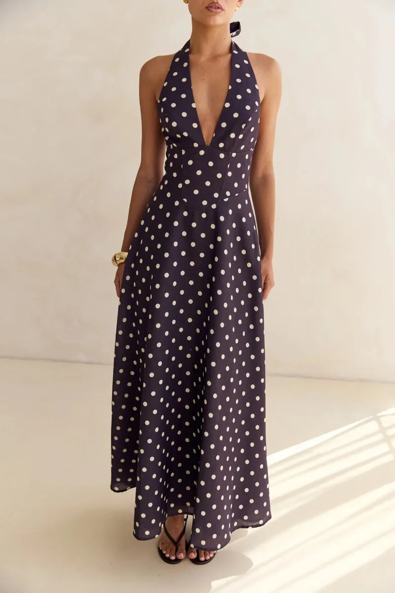 Damen Maxikleid mit Blumenmuster, Neckholder, tiefem V-Ausschnitt, Schnürung am Rücken, fließendes langes Kleid, Sommer, Strandurlaub, Hochzeitsgast, Sommerkleid – Detail 33