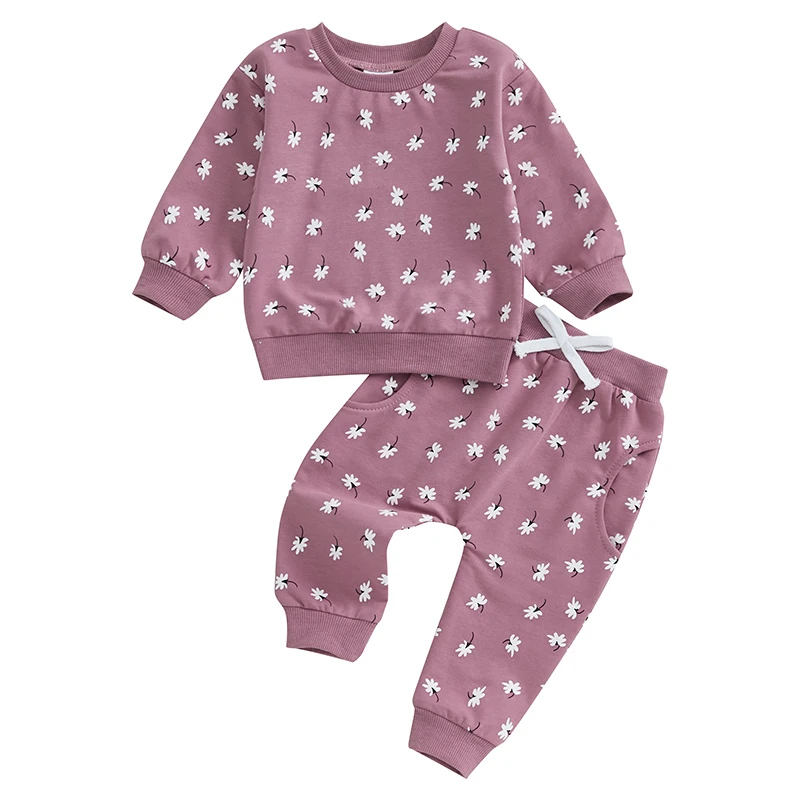 Toddler Girl Fall Outfits Floral Print Long Sleeve Crew Neck Pullovers with Elastic Waist Long Pants 2 Pcs Set