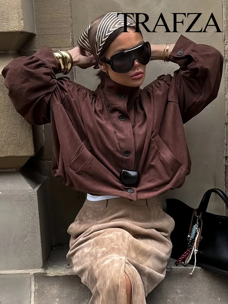 

TRAFZA Women 2025 Autumn Vintage Suede Pleated Jacket Female Temperament Turtleneck Single-breasted Pockets Casual Short Coat