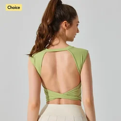 Sexy Backless Short-sleeved Summer Sports T-shirt Slim Waist Tank Top Fitness Vest with Fixed Chest Pad Yoga Clothes