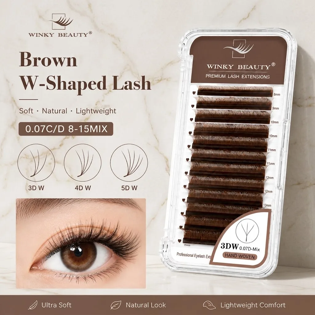 WINKY BEAUTY Braune 3DW/4DW/5DW Wimpern W-Form Vorgefertigte Fächer Wimpernverlängerungen Leichte Bunte Natürliche Weiche Einzelwimpern