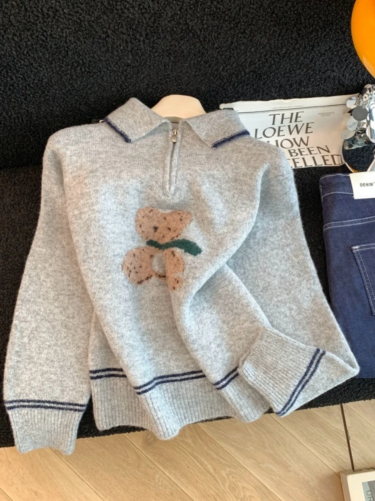 Autumn Winter New Lapel Collar Bear Printing Pullover Women's Soft Loose Comfortable Color Blocking Knitted Sweater