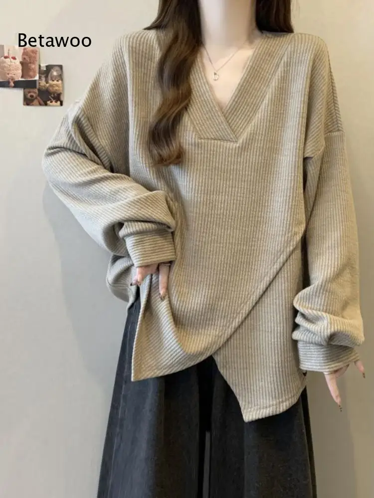 Women Ribbed Knit V Neck Long Sleeve Top Irregular Cross Wrap Hem Loose Casual Pullover Blouse for Daily Commute