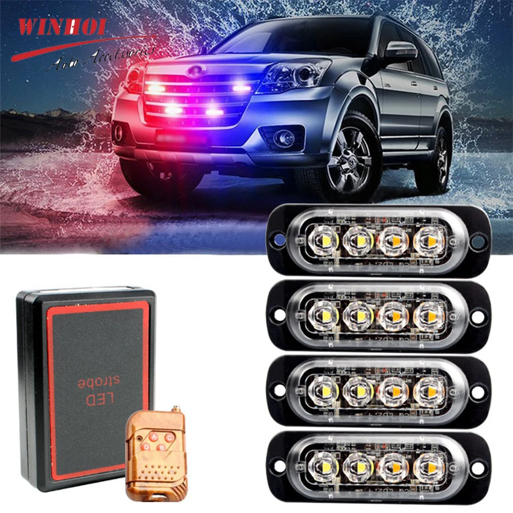 4 In 1 Wireless Emergency Strobe Light Led Police Light Auto Position Lamps Blue Red White Amber Warning Flashing Beacons 12/24V