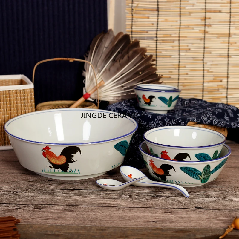 1pc Ceramic Rooster Bowl Rice/Lamian Noodles Bowl Ceramic Rooster Patterned Tableware Kitchen Utensils Chinese Style Bowl