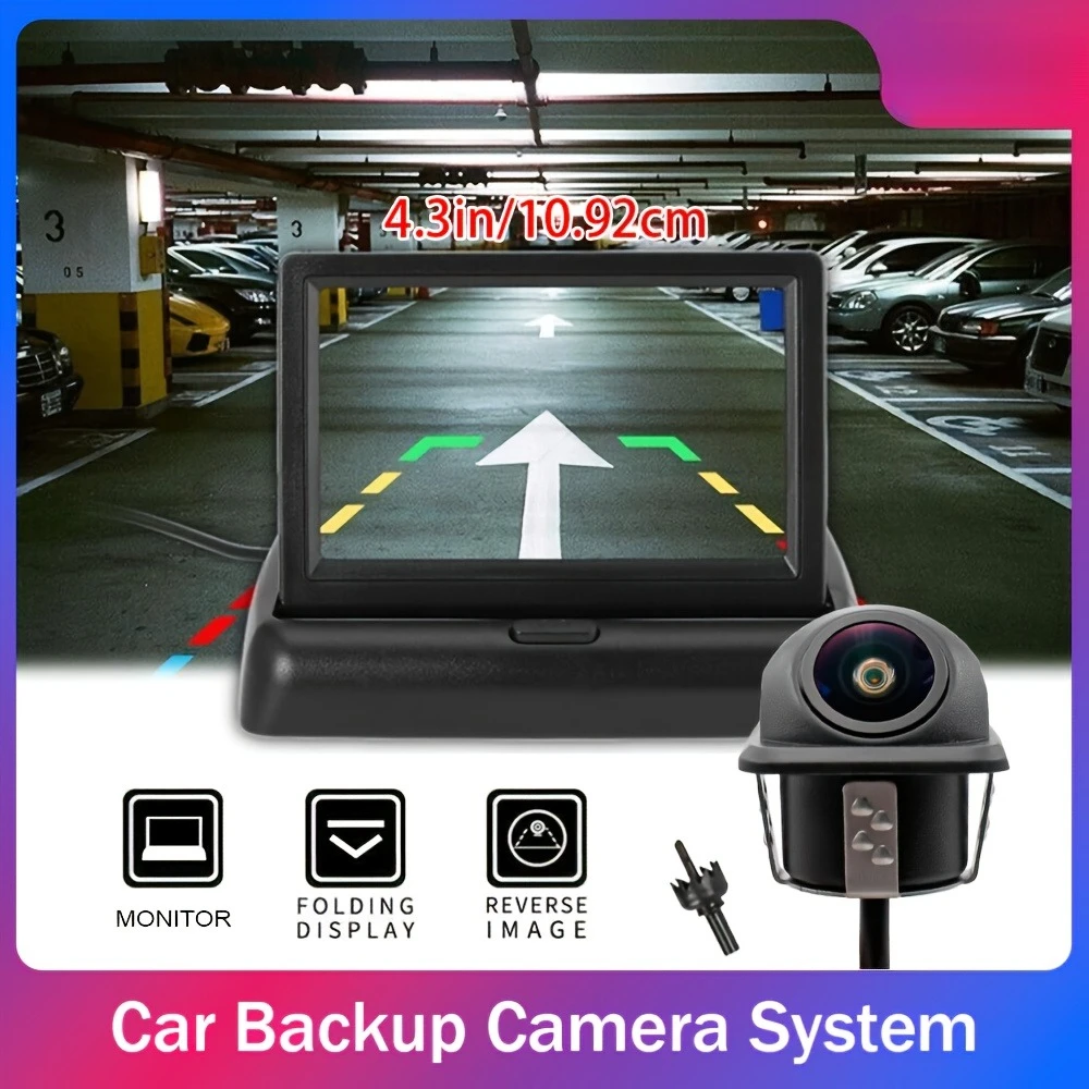 HD Night Vision Wide Angle Backup Camera and 4.3-inch LCD Folding Car Display Set - Car Reversing Camera System, space-saving