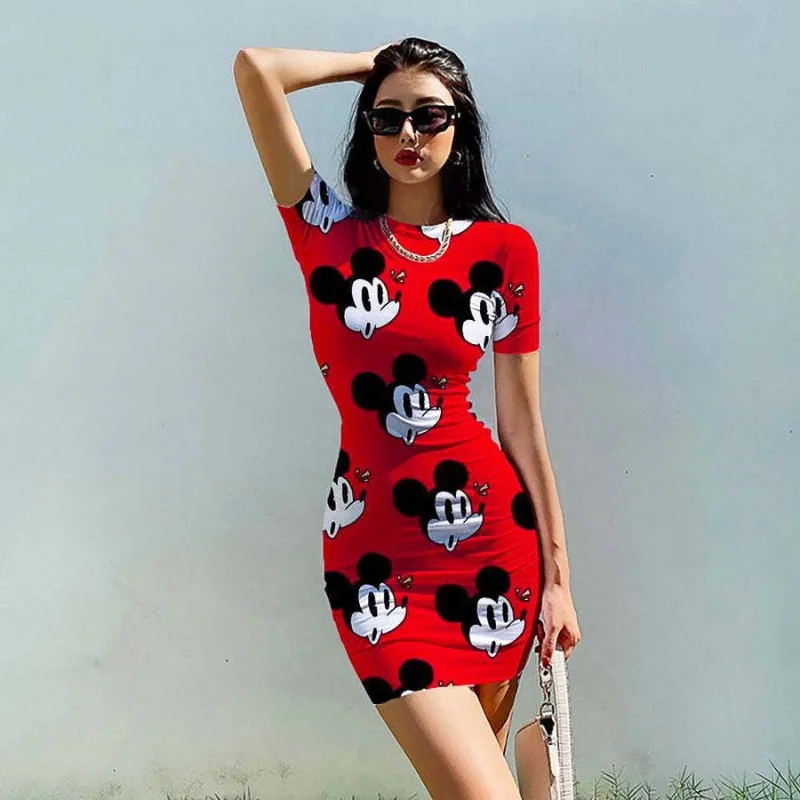 Disney Mickey Minnie Stitch Tight Fitting Dress Cartoon Sexy Print Woman's Dress Beach Party High Street Dresses Girls Gifts