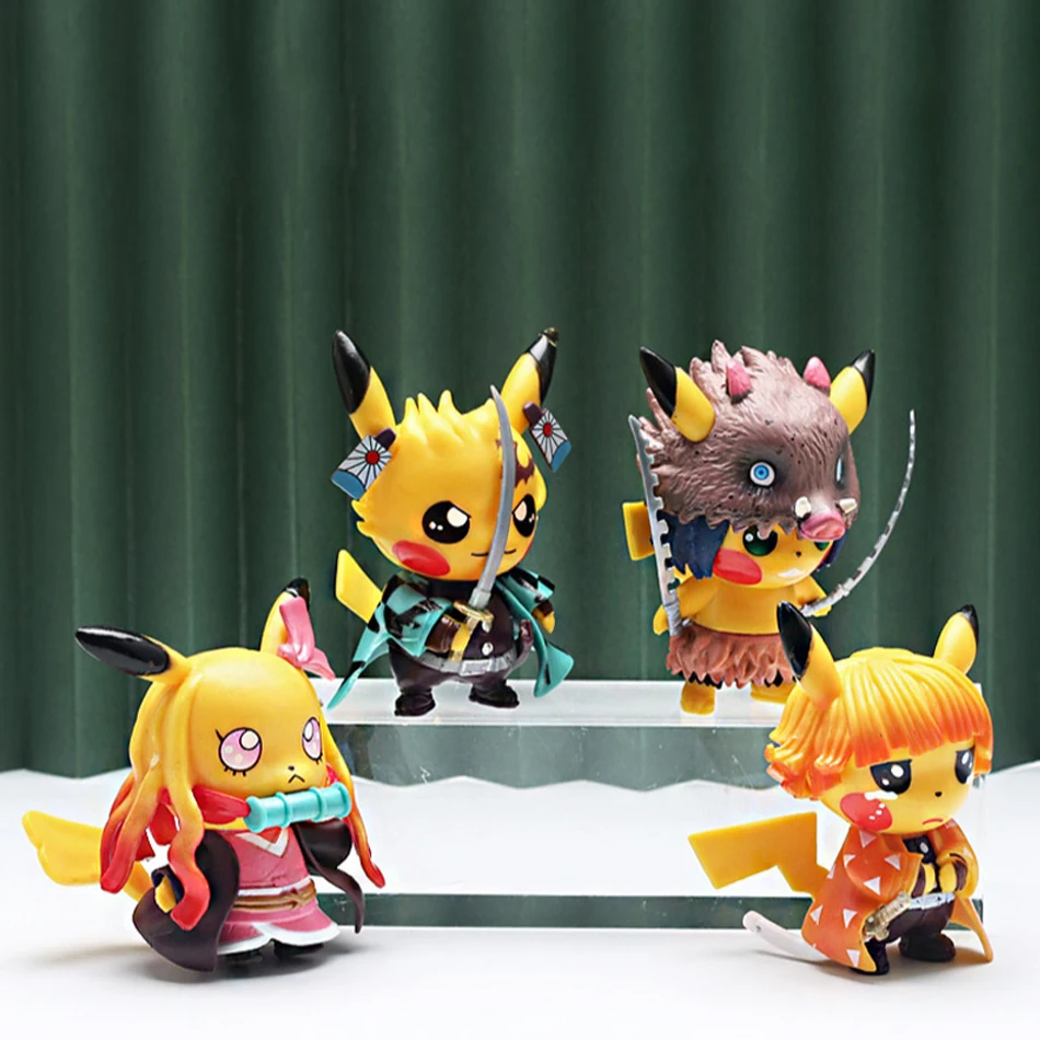 4pcs Pokemon Anime Figures Pikachu Cosplay Demon Slayer Tanjirou Nezuko Zenitsu Inosuke PVC Collection Kids Birthday Toys Gift