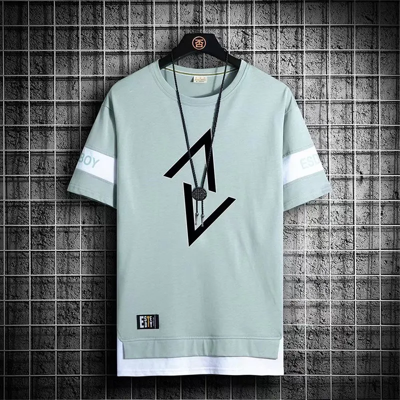 

2024 Summer New Men's Pullovers Crew Neck Spliced Contrast Color Letter Short Sleeve Fashion Trendy Loose Casual T-shirt Tops