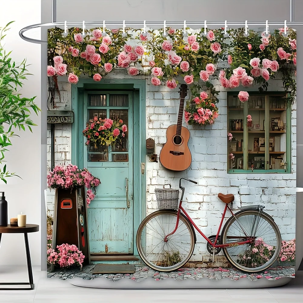 

Charming Floral Cottage with Bicycle Shower Curtain- Whimsical Bath Decor, Perfect for Those Who Love Cute