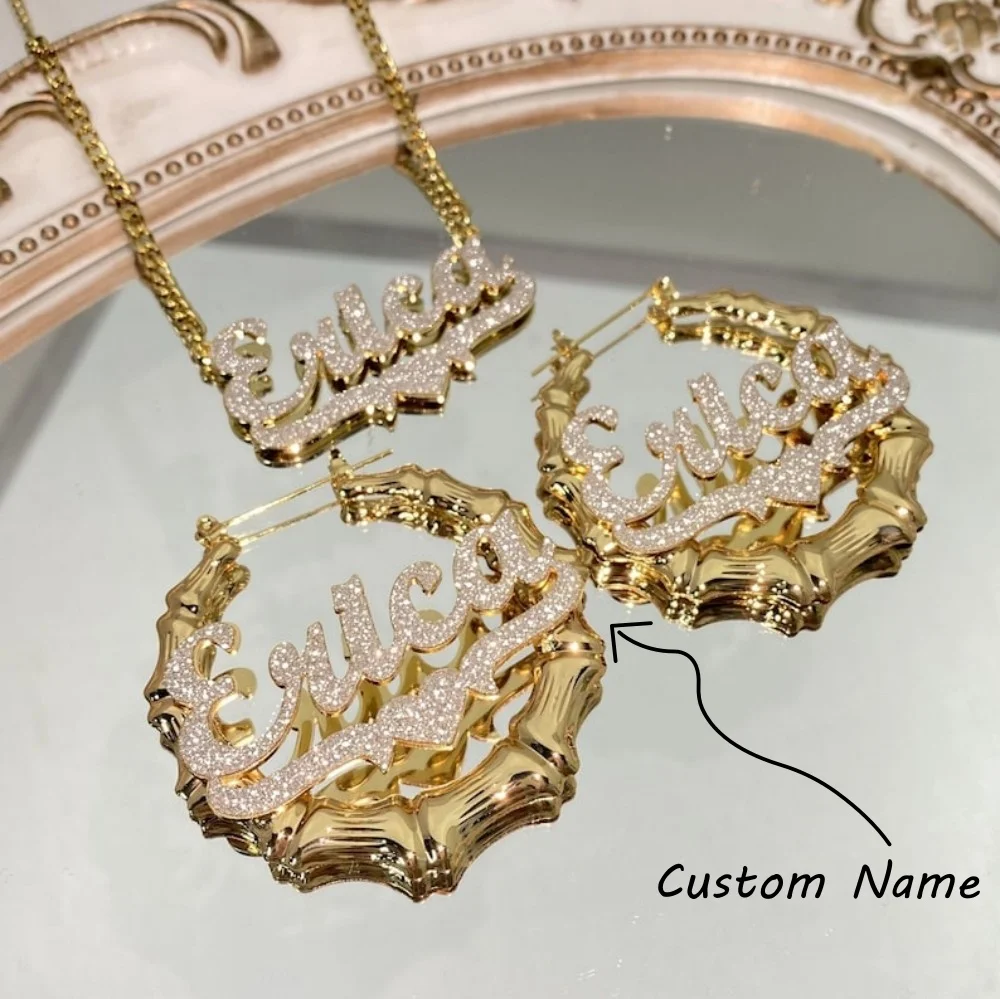 

Бамбуковые серьги, ожерелье с двойной табличкой на заказ, персонализированный комплект ювелирных изделий, комплект ювелирных изделий «сделай сам», подарки на Рождество и день рождения