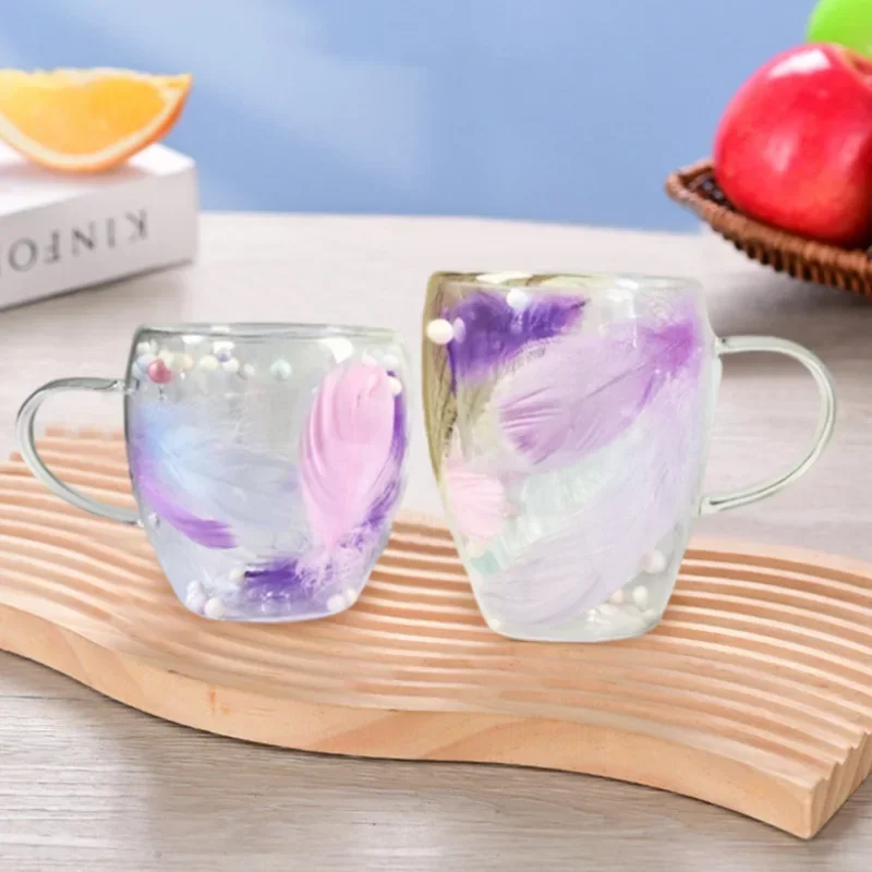 250/350ML Coffee Cup Feather Design Double-layer Glass Mug Heat-resistant Coffee Glass Home Office Yogurt Juice Cup Gift Cup