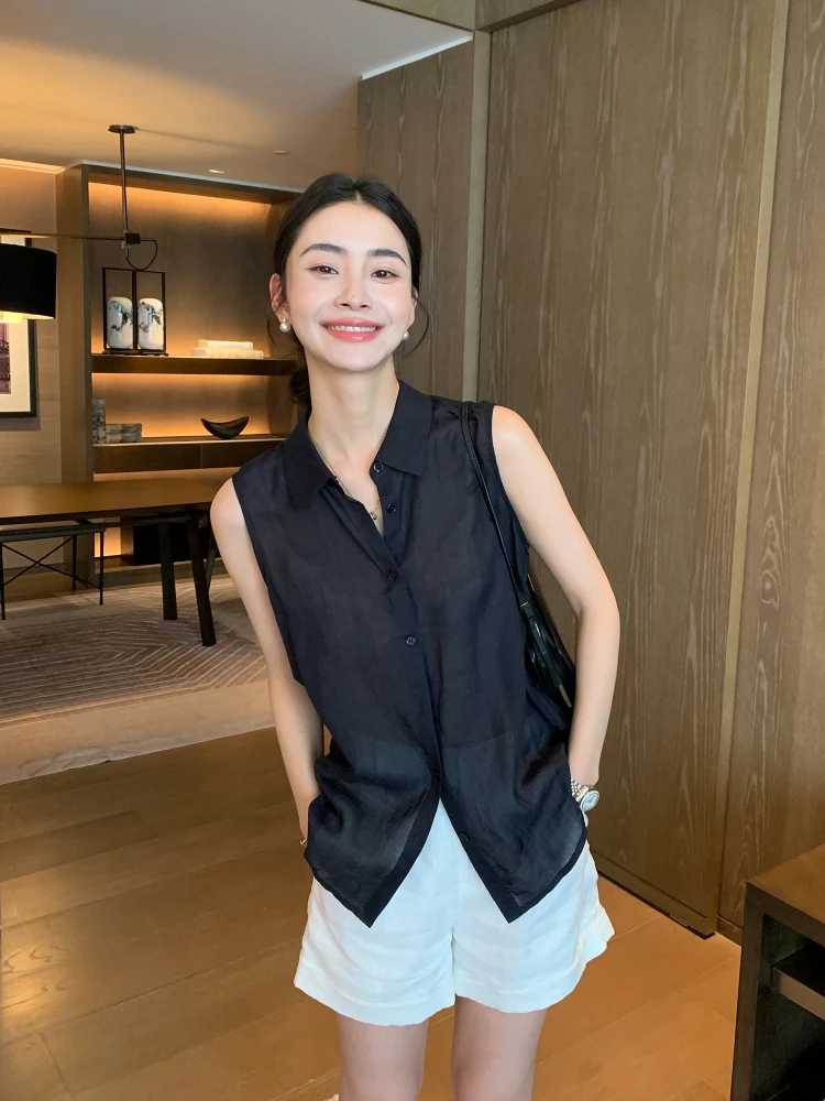 

Maven Lin Women's Svel irt Lightweight Casual Turn-down Collar Breathable Straight-cut Summer Faion Pure Color