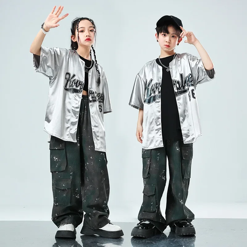 Children Boy Girl Baseball Silver Shirt T-shirt Cargo Pants Sets Suits Hip Hop Jazz Performance Clothing Costume Kids Tracksuits