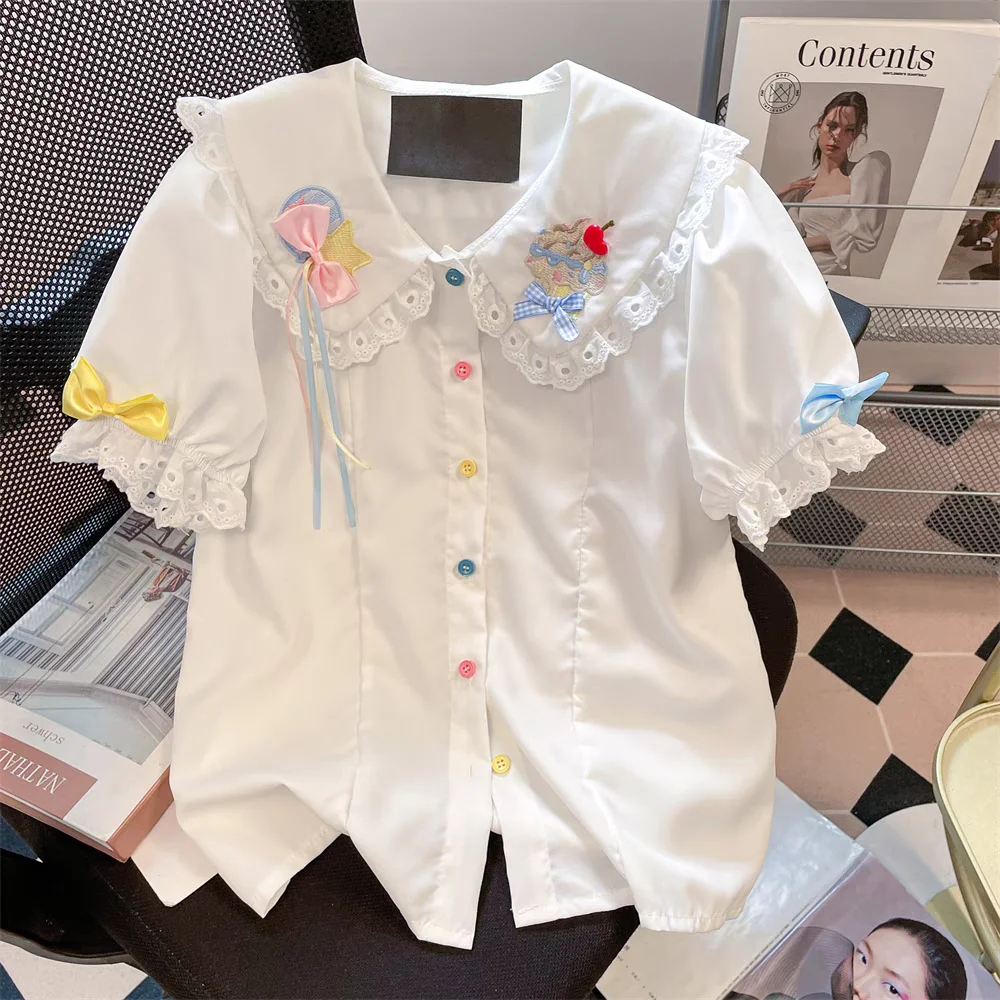 

Korean summer sweet college style bow embroidery age reducing doll collar cute short sleeved shirt for women