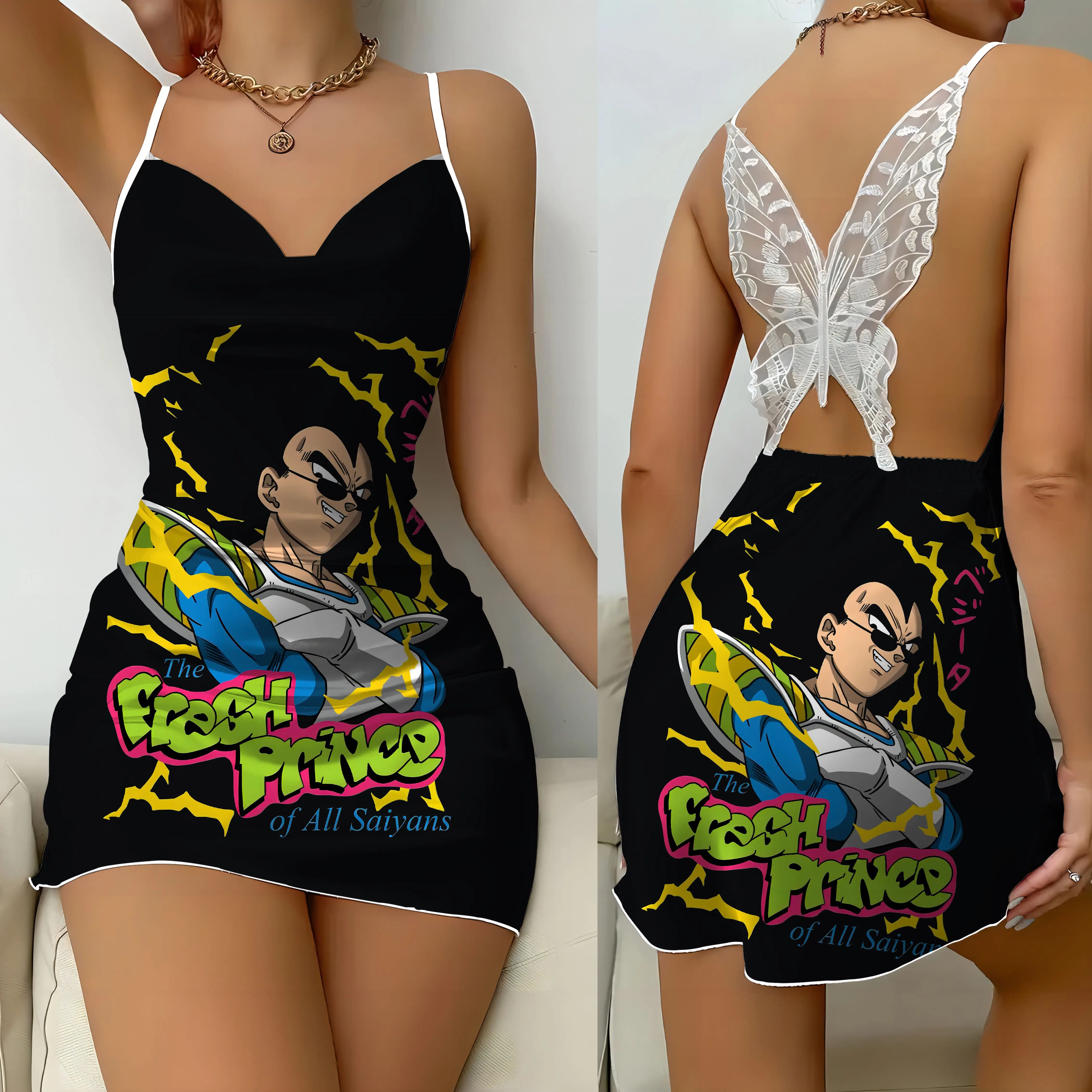 

Womens Dresses Dragon Ball Mini Dress Son Goku Pajama Skirt Bow Knot Satin Surface Fashion Summer 2024 Party Sexy Lace Backless