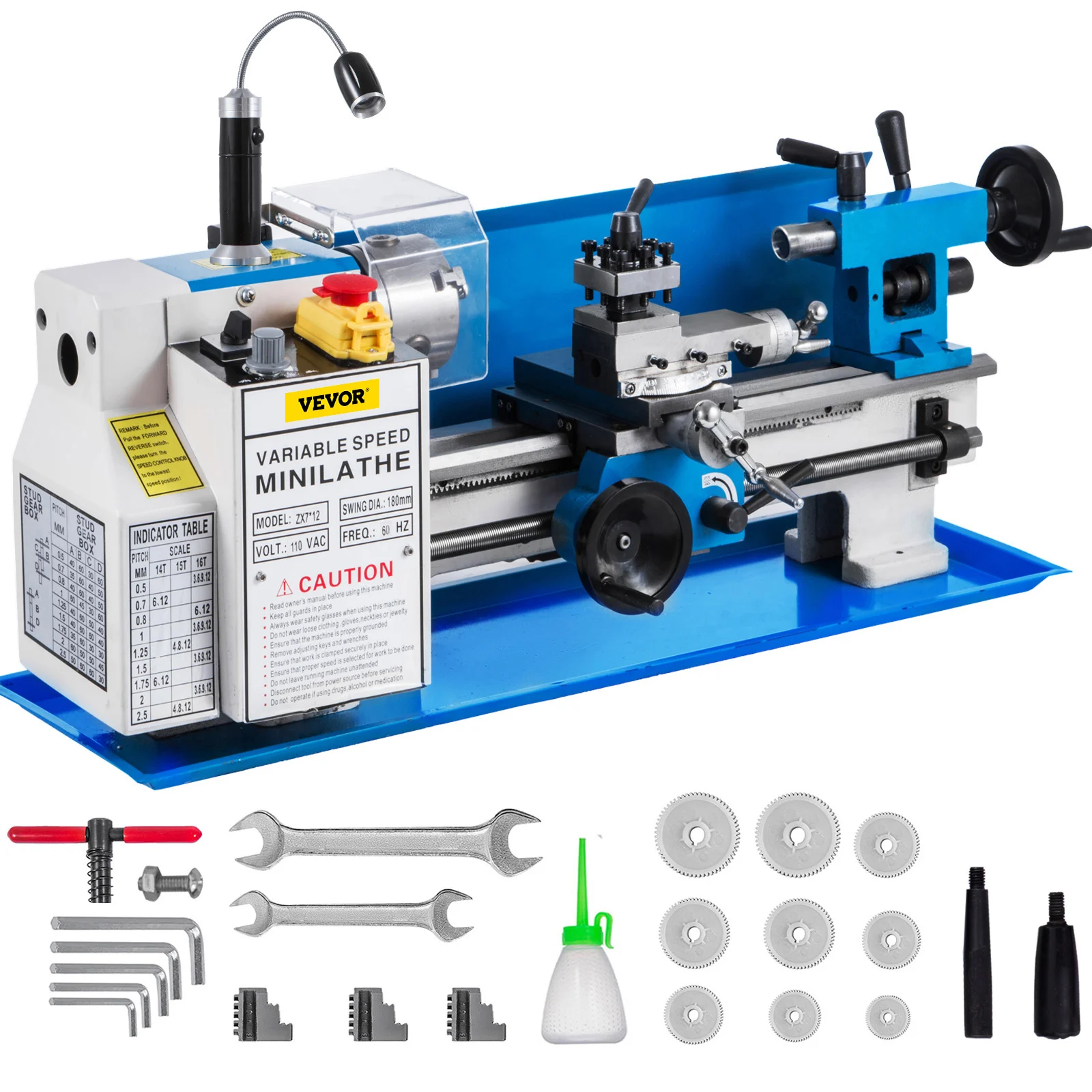 VEVOR-Torno De Metal com Lâmpada Móvel, Mini Torno De Metal, 7 em x 12 em, Precisão Bench Top, Torno De Metal 550W, 50-2500 RPM Nylon Gear