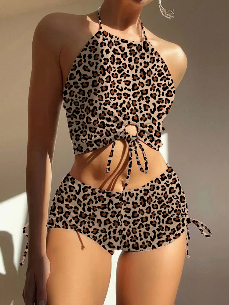 AOTVOTEE, Bikini Sexy de leopardo, pantalones cortos, conjunto de 2 piezas para mujer, traje de baño dividido con cordones, Bikini de playa, nuevo traje de baño de verano 2025, conjunto de Bikinis