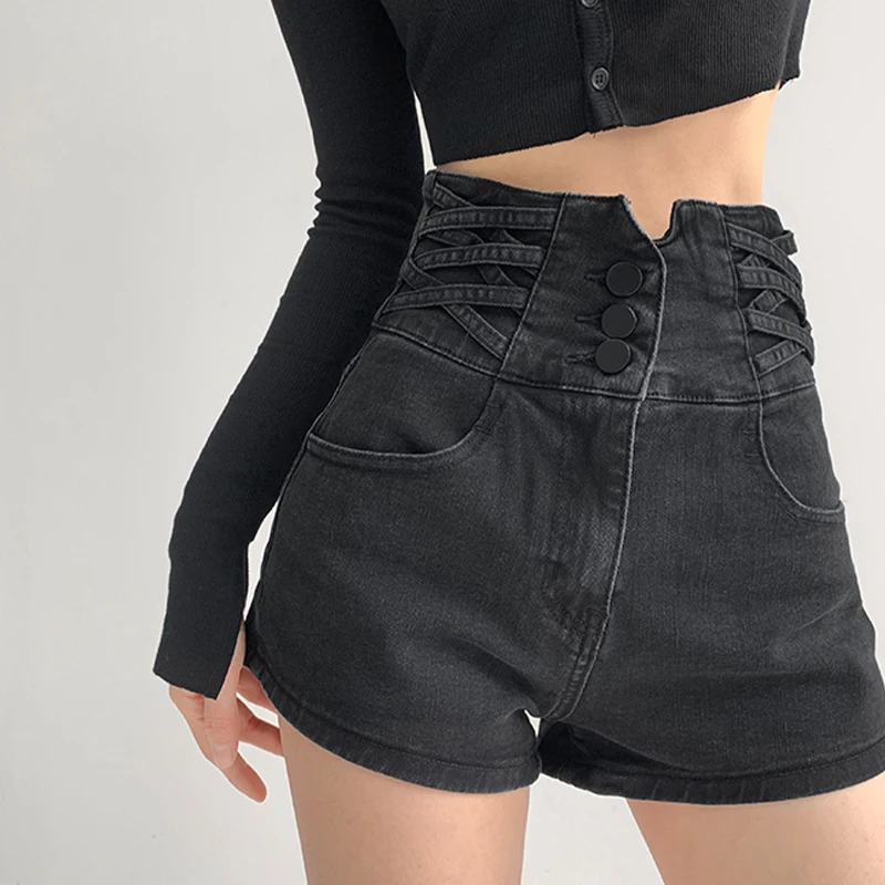 

Black Denim Shorts for Women Criss-Cross High Waist Slim Stretch Blue Jean Short Pants Female Summer Fashion Outfits Trousers