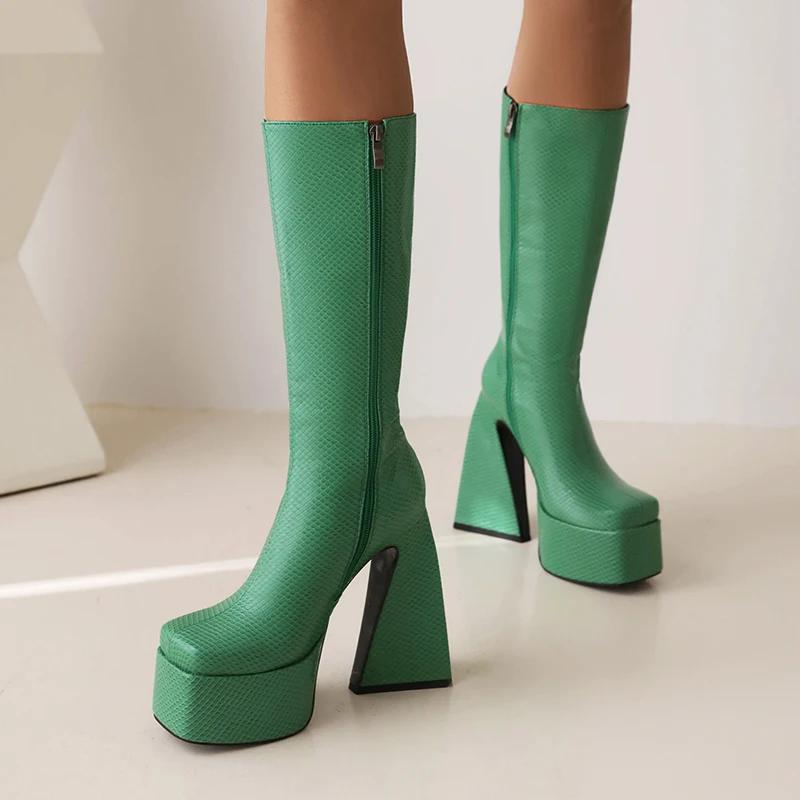 

Snake Embossed Plaid Super High Profile Tapered Heel Square Toe Women's Knee Boots Geometric Embossed Platform Catwalk Boots