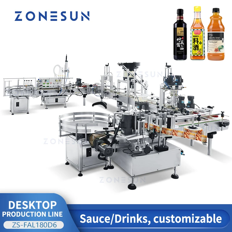 ZONESUN Desktop Packaging Production Line Magnetic Pump Liquid Filling Capping Labeling Machine Feeder Unscrambler ZS-FAL180D6