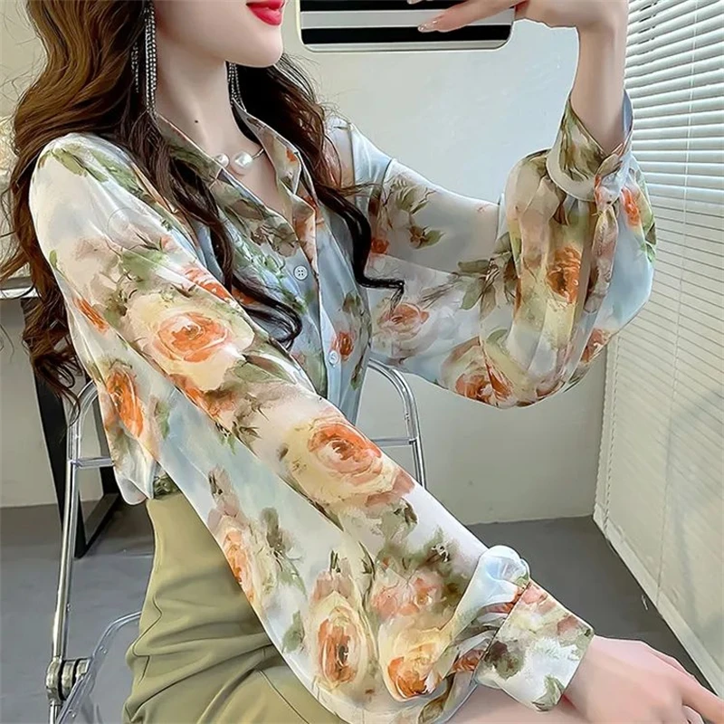 Women Vintage Elegant Fashion Floral Print Shirts Office Lady Casual Commute Chiffon Blouses Chic Lantern Long Sleeve Loose Tops