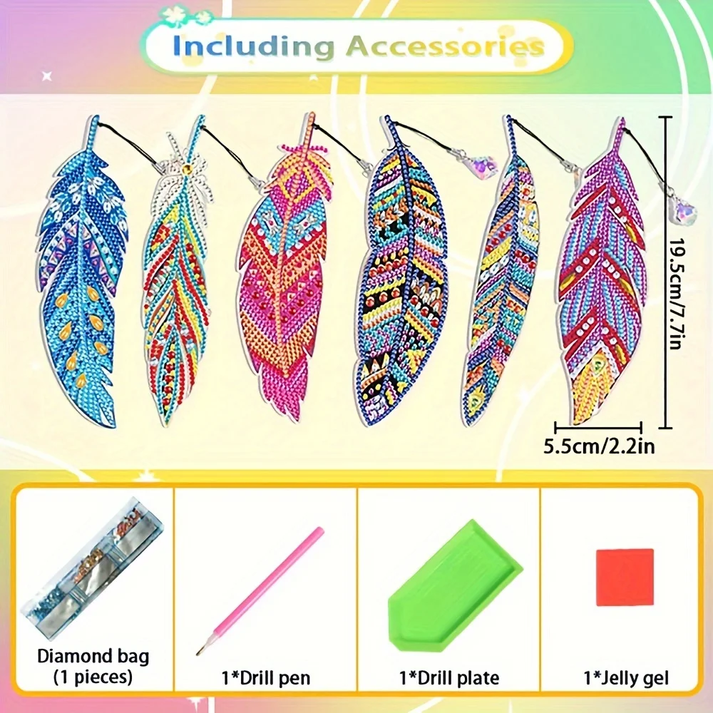 6 Pack Bookmark Diamond Painting DIY Feather Bookmark Home Office School Classroom Crystal Pendant Bookmark 5D Diamond Painting Christmas Handmade Gifts for Beginners view 3