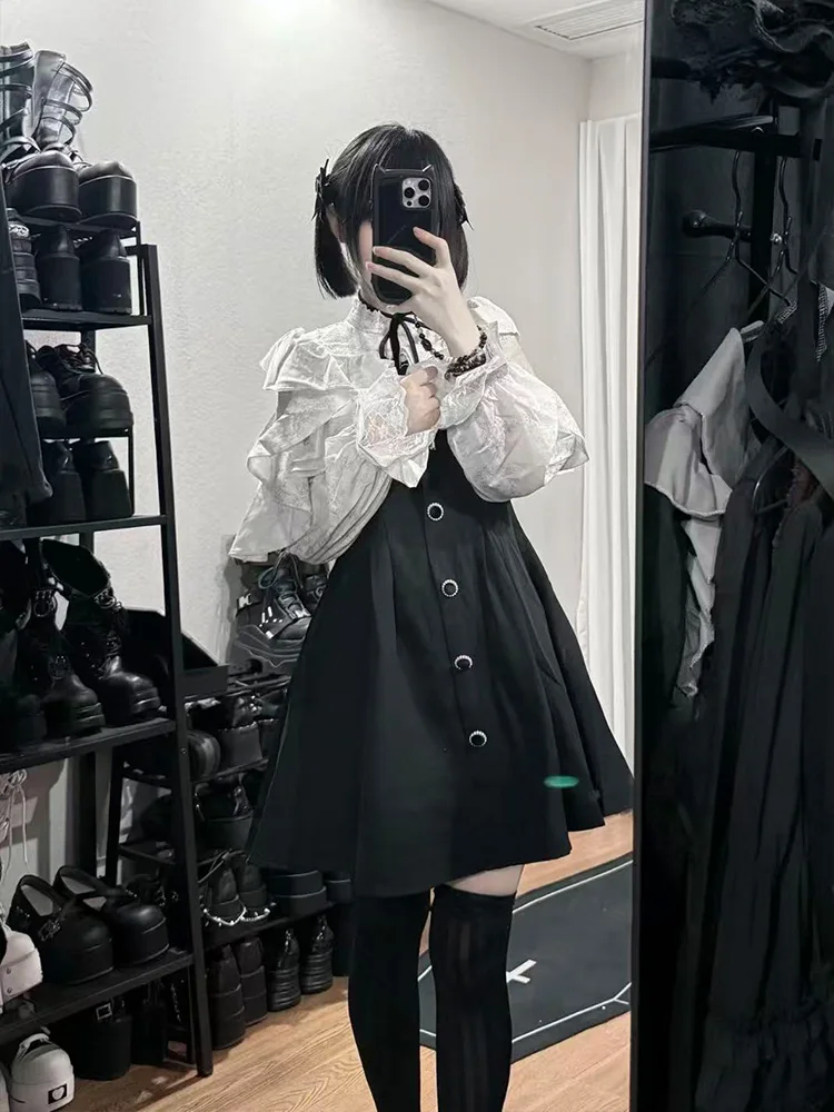 النمط الياباني Kawaii كشكش فستان قصير المرأة جميل الدانتيل تصميم جديد أسود أزياء من الدانتل الربط فو قطعتين فساتين حلوة