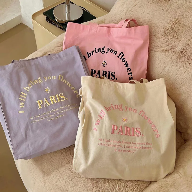 Bolso de hombro de lona con bordado 3D de París para mujer, bolsa de compras diarias, bolsa de libros para estudiantes, bolsos de tela de algodón, Tote para niñas