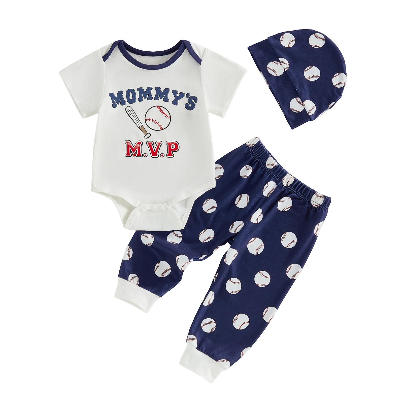 

Adorable Infant Baseball Ensemble with Printed Romper Pants and Cap - Trendy 3-Piece Set for Casual Style