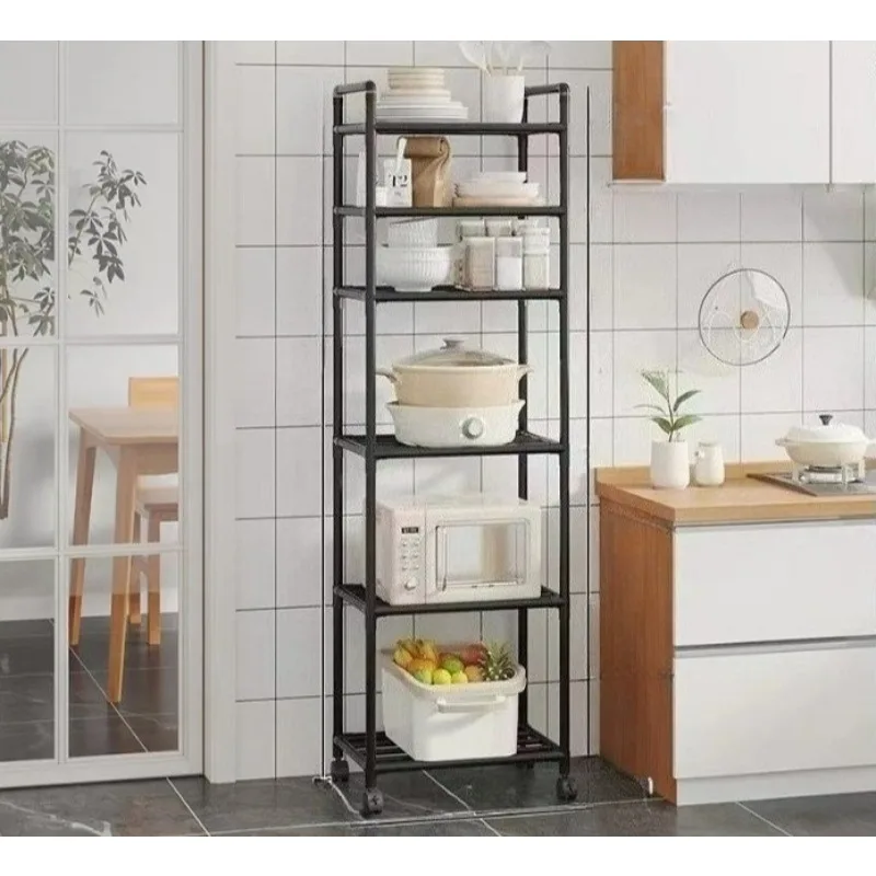 Household floor-standing storage rack with movable cookware, multi-level and multi-functional with wheels for storage