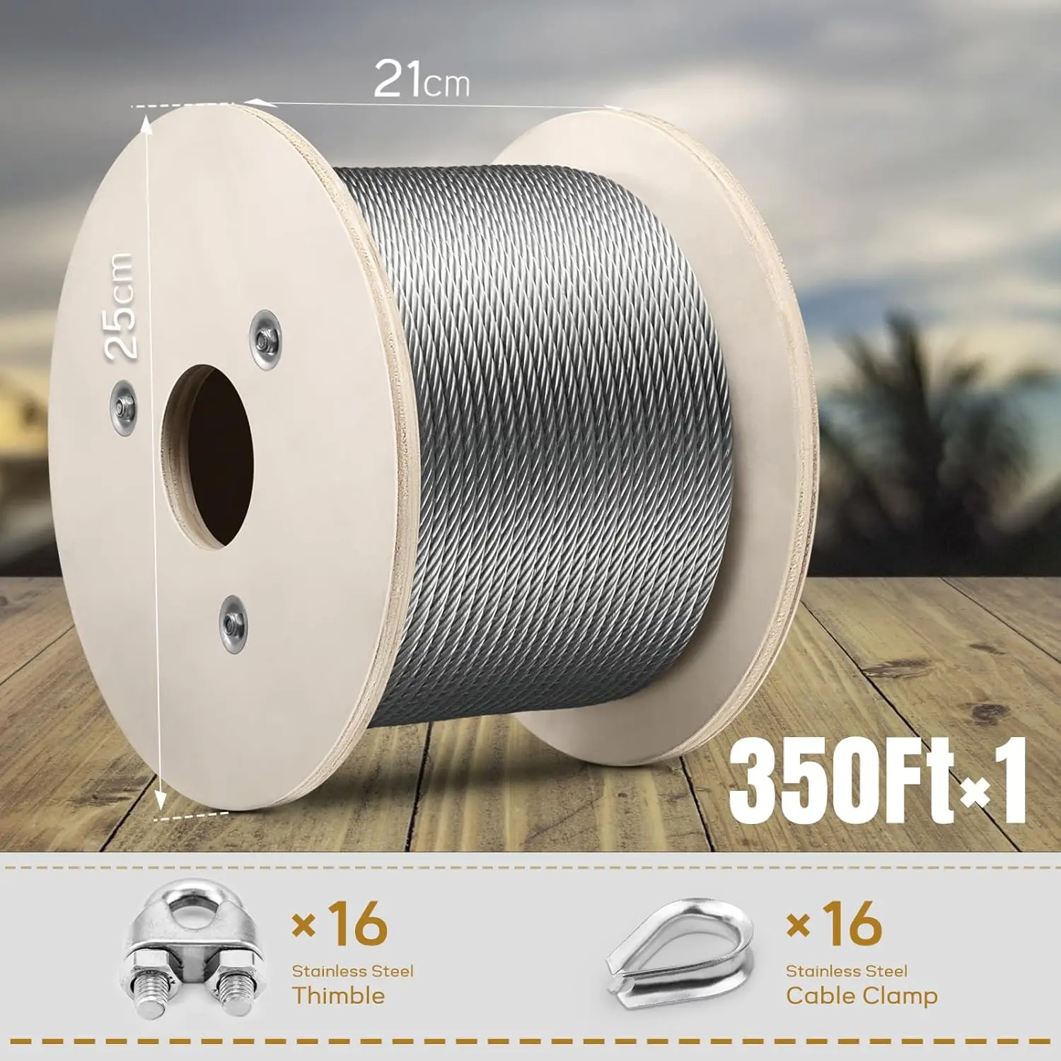 Steel Cable, 350FT Wire Rope Aircraft Cable with Cable Clamps and Thimbles for Backyard Zipline, String Lights and Deck Railing,