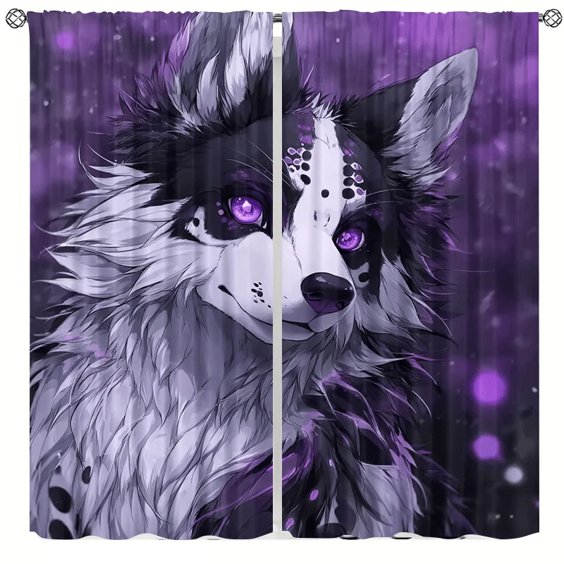 Purple background animal wolf curtains, installed using pocket rod method, suitable for bedrooms, living rooms and decoration