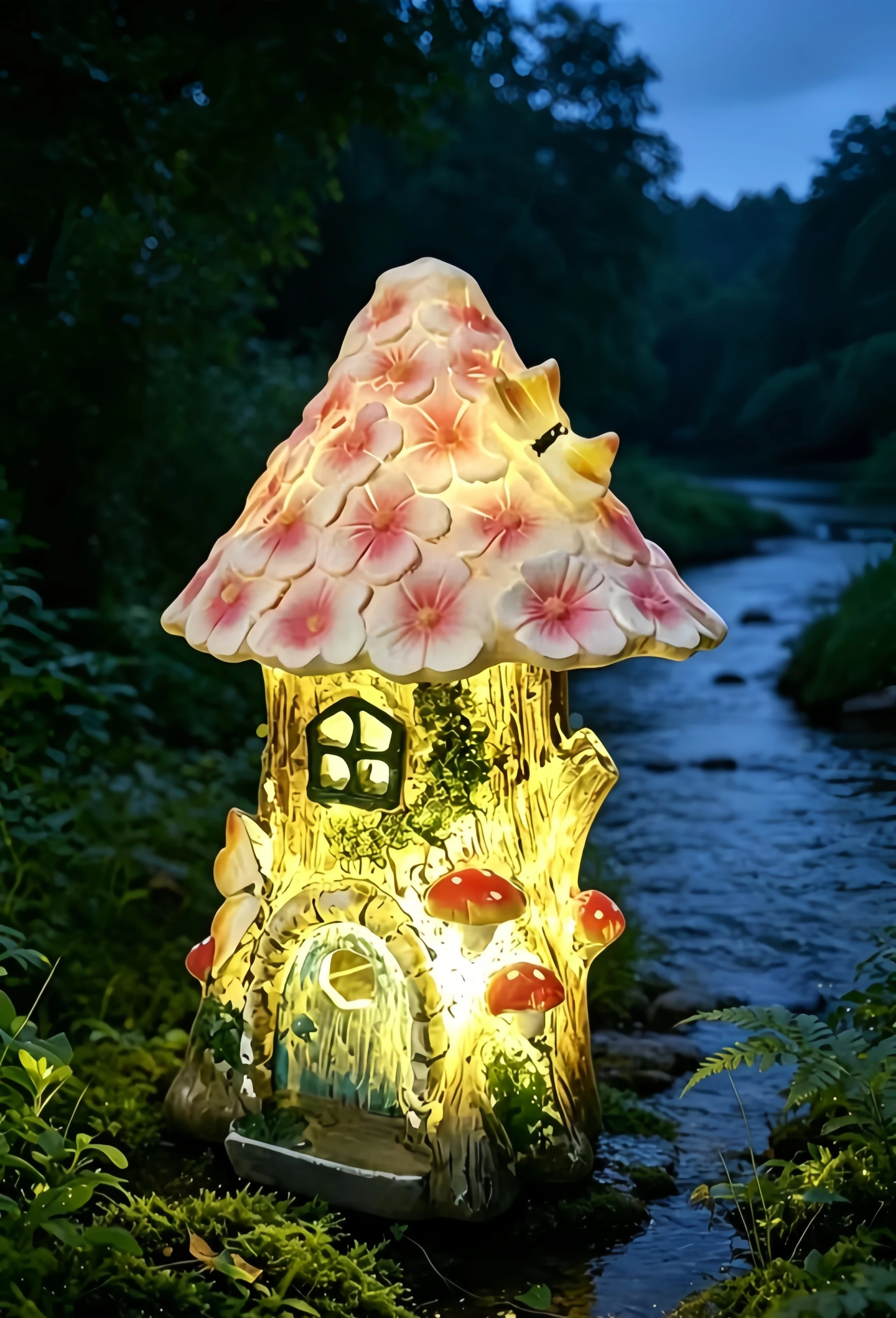 

Solar Fairy House Garden Statue Light, Waterproof Outdoor LED Warm Night Lamp with Flower Mushroom Decor for Patio Courtyard Law