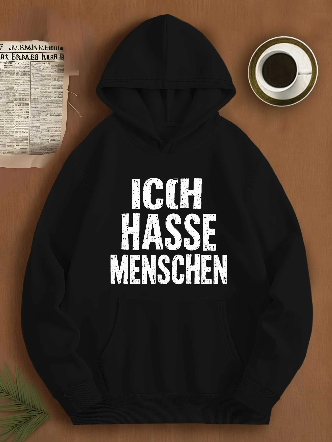 Funny German Phrase "Ich H Menschen" (I Hate People) - Men's Hooded Sweatshirt - Loose T-Shirt With White German Text Print-image